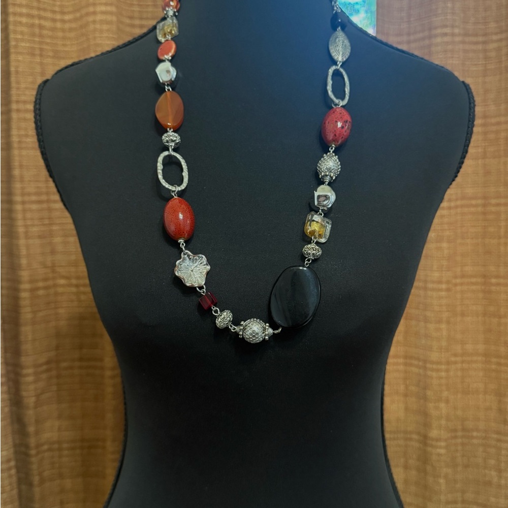 Premier Designs Red, Black and Silver Beaded Necklace